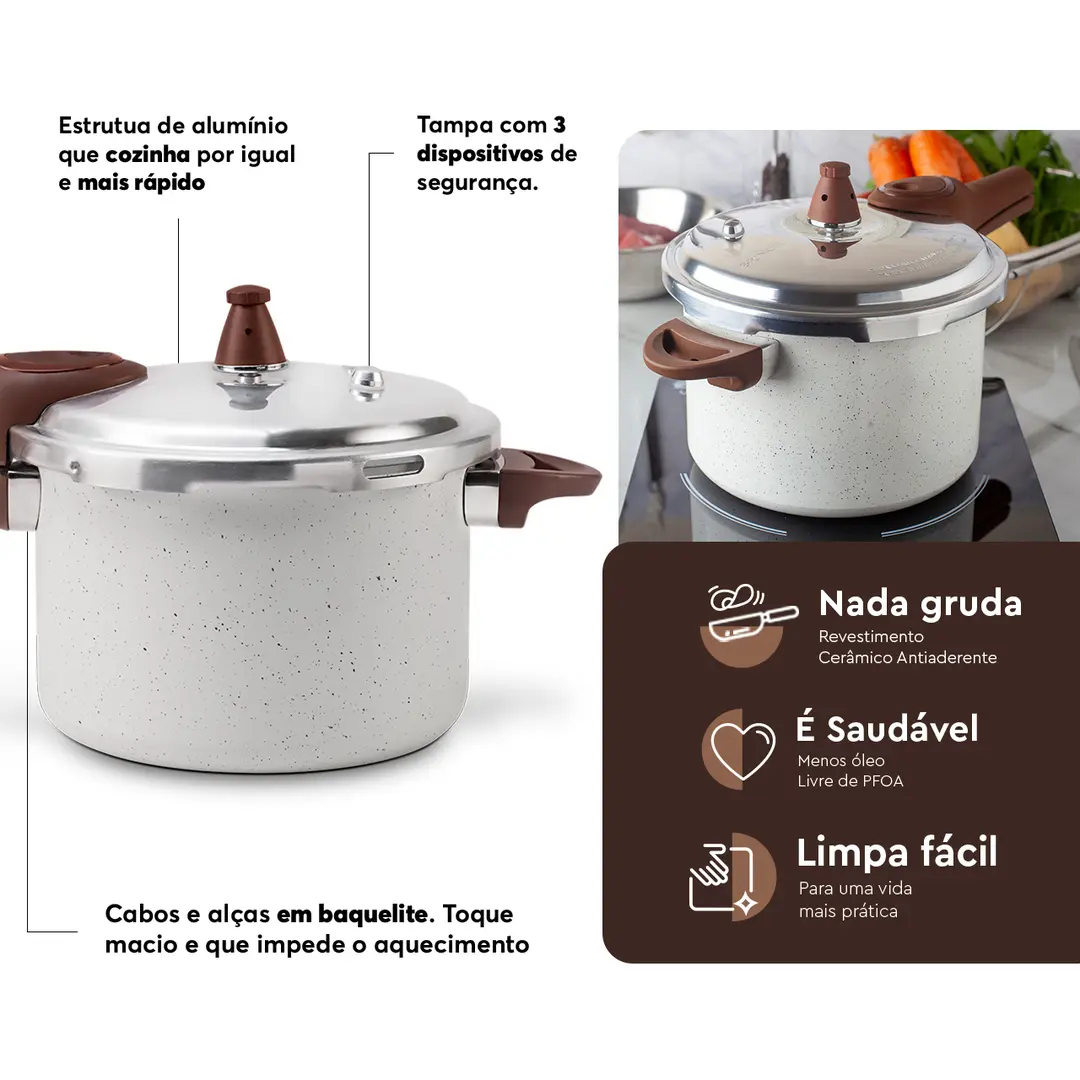 Panela de Pressão Indução Brinox Antiaderente Ceramic Life Pressure 6,8 Litros 24cm Vanilla