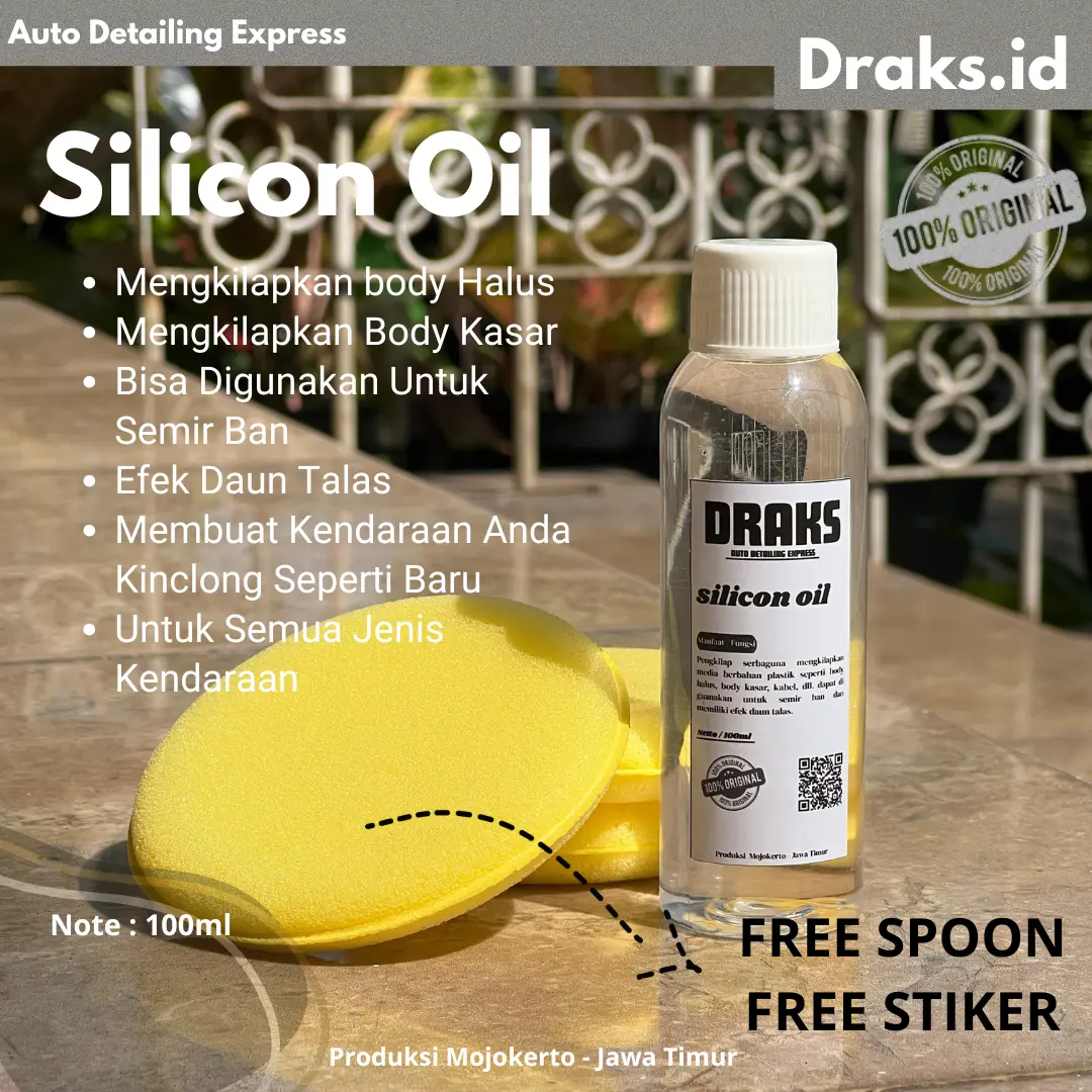 Silicon Oil Draks Premium 100ml FREE SPONS DAN STIKER - Solusi Kilap Tahan Lama untuk Body, Dashboard Mobil Motor, dan Ban makin kinclong - Melindungi dari Kusam & Retak - Praktis & Hemat Pemakaian - Karet, Car