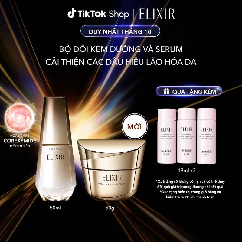 Bộ Tinh chất trẻ hóa làn da Elixir The Serum 50ml và Kem dưỡng da cải thiện tình trạng chảy xệ Elixir Total V Firming Cream 50g