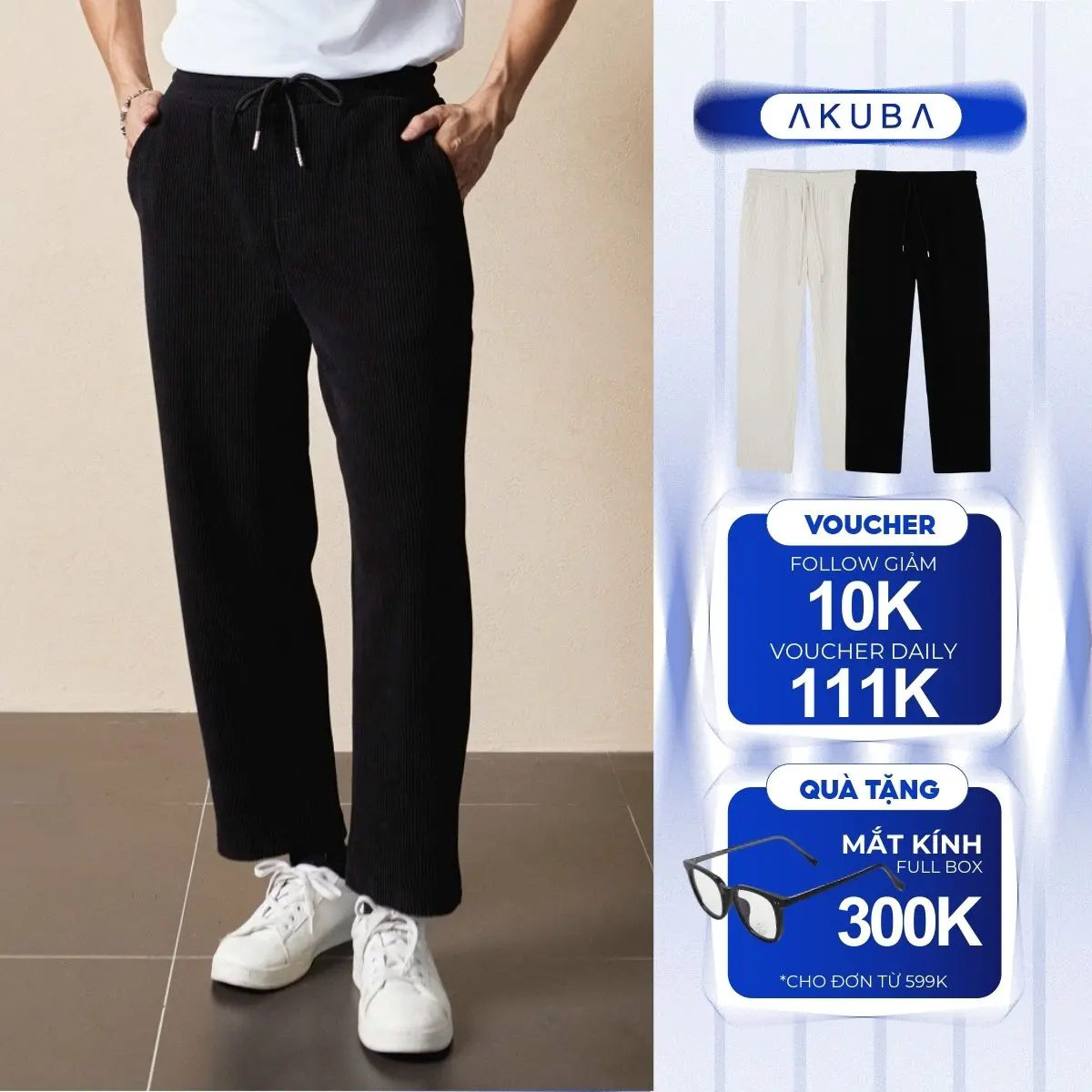 Quần thun nhung tăm AKUBA Menswear dáng suống dài năng động, Pant thoải mái, dày dặn tôn dáng | 01JE1029