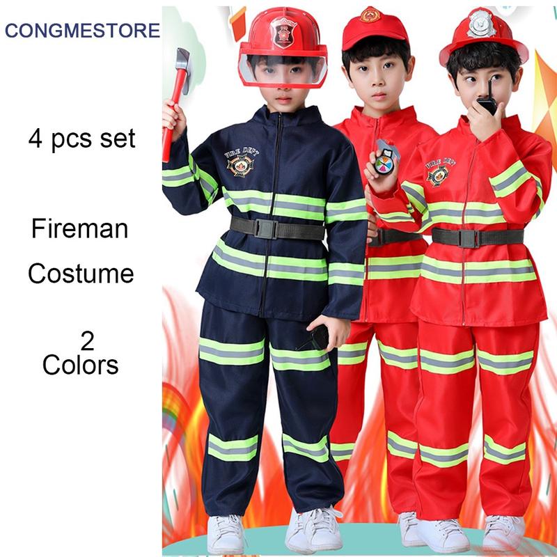 Trang phục lính cứu hỏa Cosplay Halloween cho trẻ em, Bộ 7 món, Dịch vụ cứu hộ, Thích hợp cho bé trai và bé gái