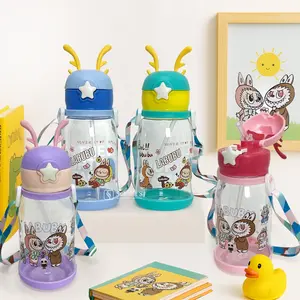 *Botol minum anak karakter tanduk rusa kapasitas 600ml Putih Sedotan Tali Bottles Kitchenware Water