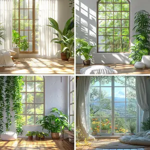 Latar belakang siaran langsung sederhana dengan pemandangan tanaman hijau di jendela, gaya Nordik yang hangat, kain gantung ruang siaran langsung definisi tinggi bergaya Tiongkok untuk para streamer online populer.