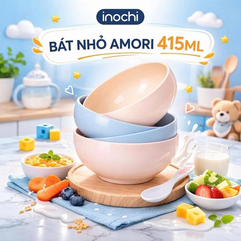 Bát nhựa Inochi - Amori 850ml/415ml: Bát ăn dặm cho bé, chống rơi vỡ, kháng khuẩn, chịu nhiệt, an toàn, tiện lợi, kích thích bé ăn ngon!