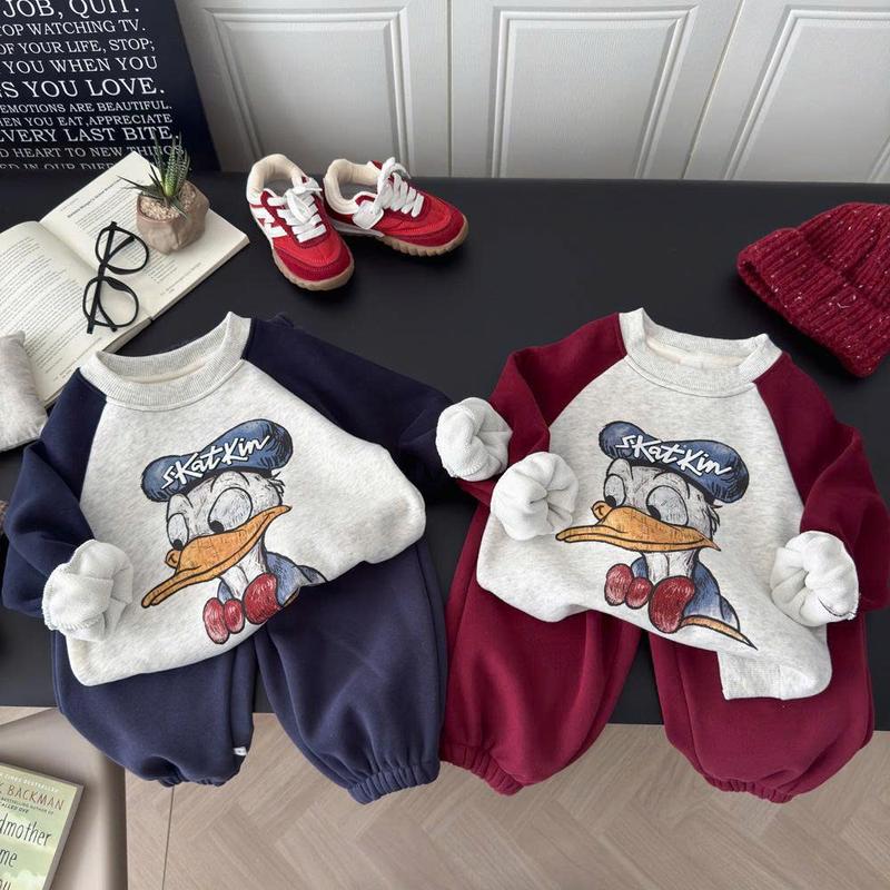 Bộ nỉ lót lông nhung không bai xù lông dày dặn ấm hình in con vịt quần bo phong cách hàn 2 màu cho bé đi học đi chơi size 10-26kg