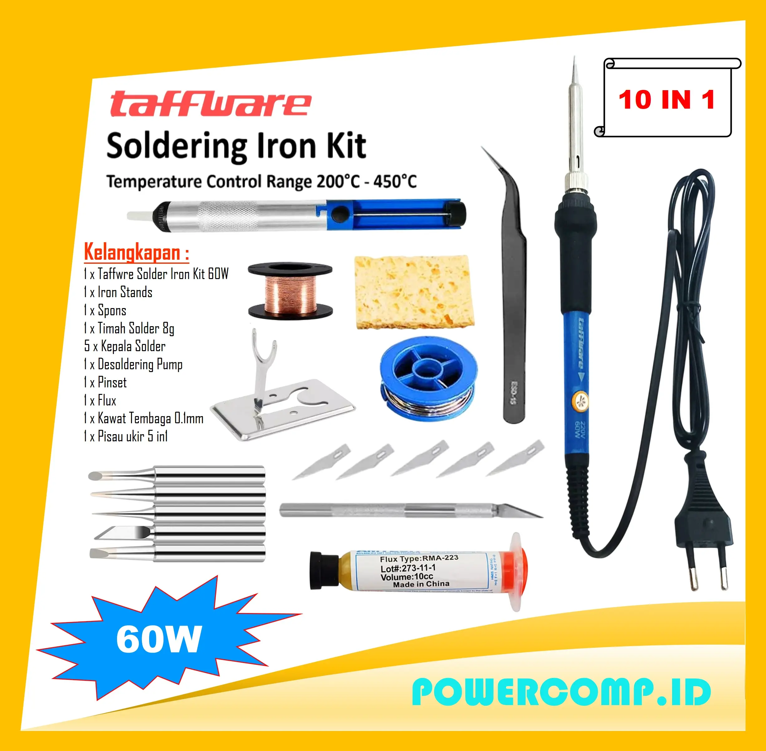 Taffware Solder Full Set Lengkap! 60W 10in1 Adjustable Temperature Electric Soldering Iron Welding Iron Rework Station Heat Pen Tips DIY Repair Tool - Solderan Timah 1 Set Ori! - DM-2026