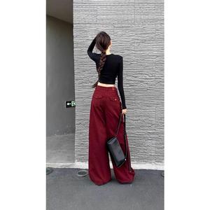 デニム - レッド ハイウエスト ローライズ フロアラングス レディースジーンズ ドレープパンツ baggy pants women