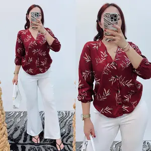 Grosir Natalia | Blouse Kancing Motif Daun Bahan Cotton Rayon Baju  Atasan  Wanita Panjang Karet Variasi
