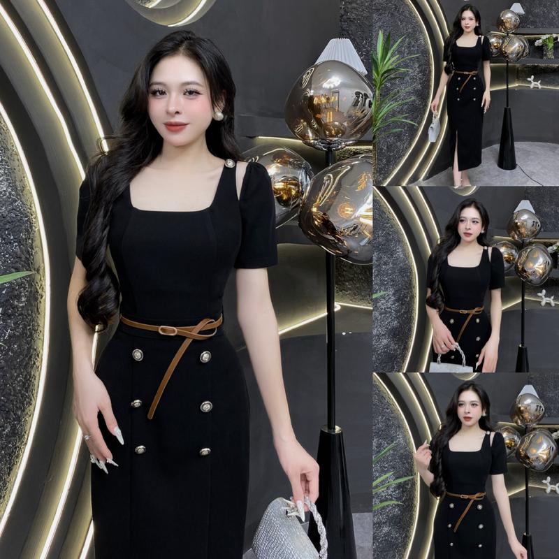 EV47 - Váy Thiết Kế Evii dành cho nữ Đầm thiết kế cổ vuông khoét nhẹ vai thân trên 2 lớp tặng kèm đai dáng bút chì xuông xẻ trước phù hợp đi làm đi chơi và đi dự tiệc Có Bigsize Women Dress