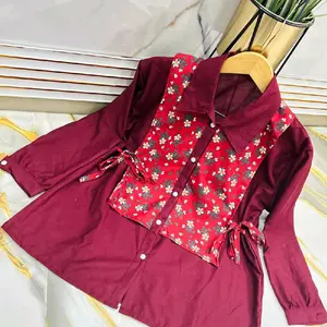 Kemeja Blouse Kombinasi Motif Bunga Merah Maroon dengan Lengan Panjang dan Desain Elegan