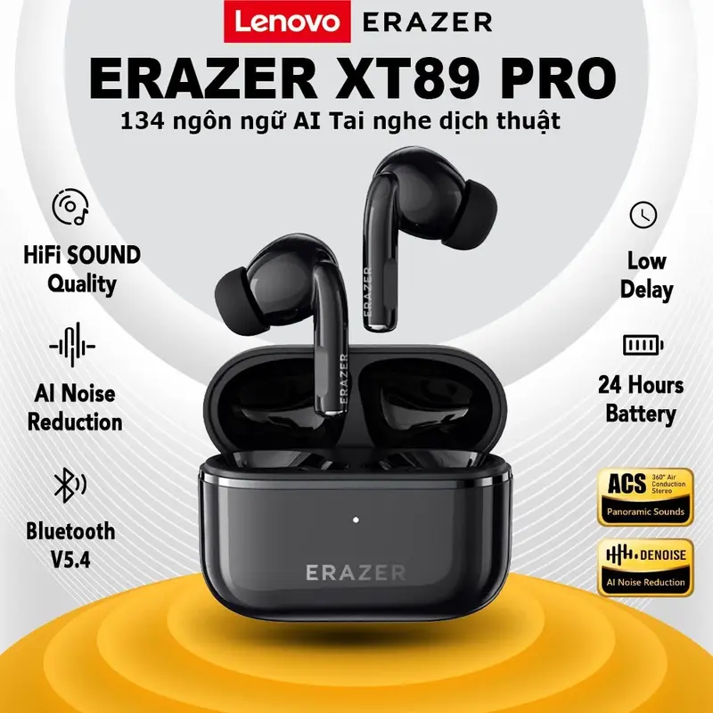 Tai Nghe Nhét Tai Nghe TWS ERAZER XT89, Lenovo, Với 134 Ngôn Ngữ, Khử Tiếng Ồn, Đầu Tai Nghe Thay Thế, Điều Khiển Cảm Ứng Thông Minh, Chất Lượng Cuộc Gọi HD, Thiết Kế Chống Nước, Chất Lượng Âm Thanh HIFI, Bảo Hành 2 Năm, Hỗ Trợ Bởi Thương Hiệu LENOVO