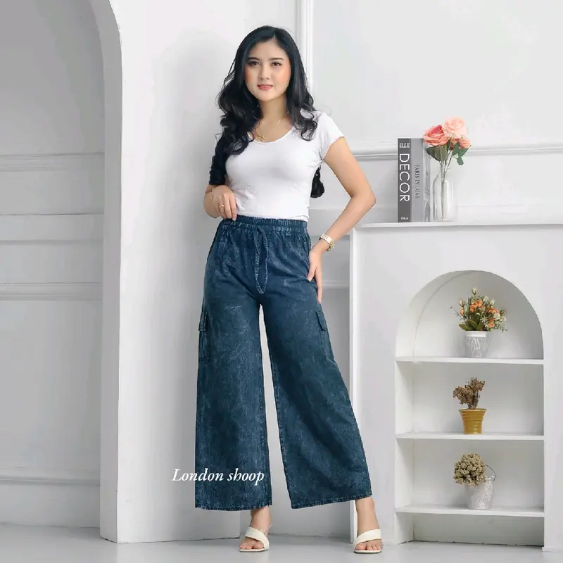 CELANA KULOT WANITA CARGO DEWASA SETANDAR BAHAN SEMI JEANS BB 40-55KG PANJANG 90CM PINGGANG FULL KARET 5