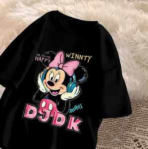 Women's Black Oversized Short-Sleeve: Adorable DJ Minnie Mouse Print Cute Casual Comfortable Loose-Fit Fashion Top
