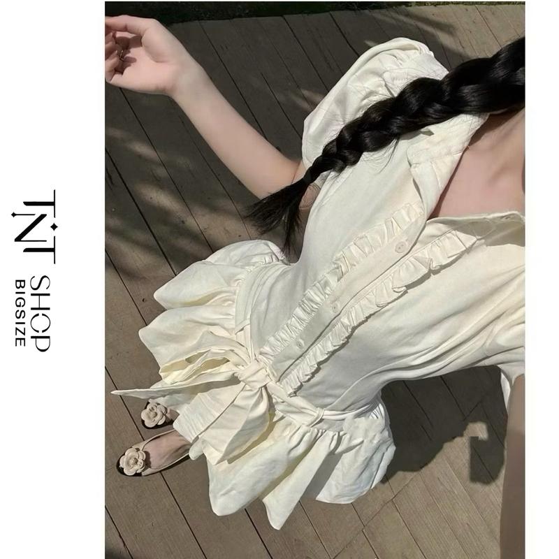  VÁY BABYDOLL CỔ SƠ MI BIGSIZE VIỀN BÈO DÁNG BÍ PHỒNG CỘT NƠ  TNT SHOP BIGSIZE 60KG 90KG  