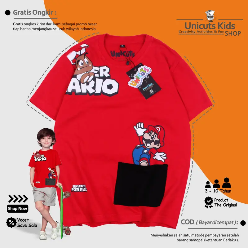 Kaos Anak Super Mario /  Baju Anak Laki Laki Mario Bros / Pakaian Anak Perempuan Pocket Red / Kaos Anak Anak Unicuts 3 Sampai 10 Tahun Bordir Fashion 0