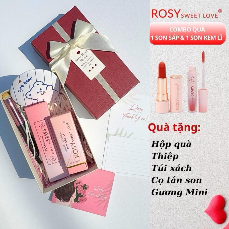 SET QUÀ GIÁNG SINH COMBO 1 SON SÁP LÌ VÀ 1 SON KEM LÌ rosy sweet love,son rosy,không chì lên Môi màu chuẩn,quà tặng bạn gái