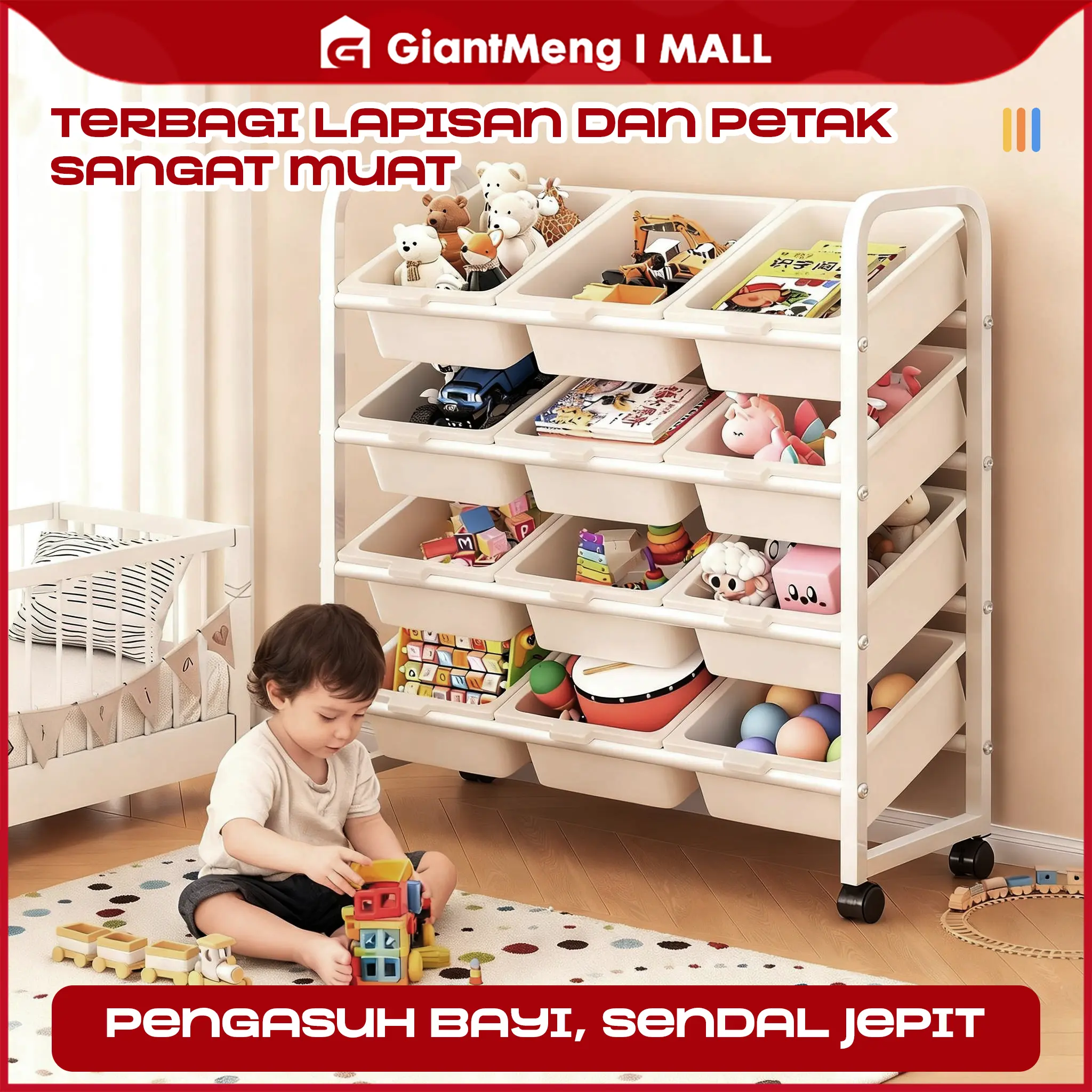 Rak Mainan Anak Roda | Rak Susun Plastik Organizer Multifungsi | Lemari Buku Anak Minimalis Hemat Ruang | TikTok Viral