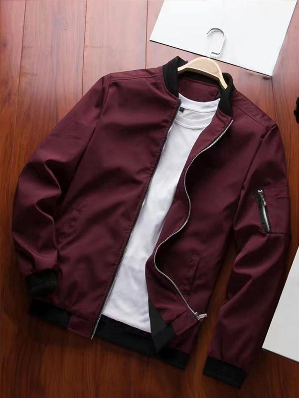 Men's Solid Zip Up Bomber Jacket, Regular Fit Casual Baseball Collar Long Sleeve Outerwear for Spring & Fall, Fashion Men's Clothes for Daily Wear, Coats 5