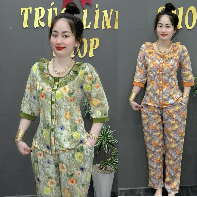 ĐỒ BỘ,BỘ CỔ REN TIỂU THƯ, VẢI LỤA MANGO 8D ,TAY LỠ QUẦN DÀI, SIZE 45-75 KG.Lụa Nữ Women