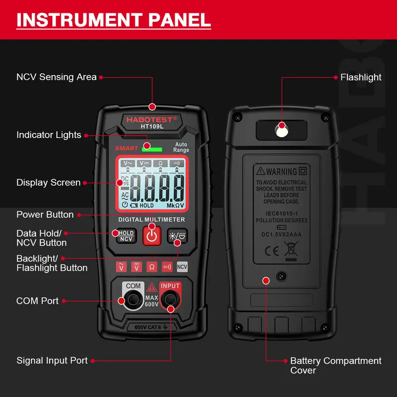 Đồng Hồ Vạn Năng Kỹ Thuật Số, HABOTEST HT109L, 600V AC / DC, 4000 Số Đếm, Độ Chính Xác Cao, Chống Cháy, Đồng Hồ Vạn Năng Thông Minh, Không Cần Di Chuyển, Không Tiếp Xúc, Nhận Dạng Tự Động, [Không Bao Gồm Pin] Còn Hàng 4