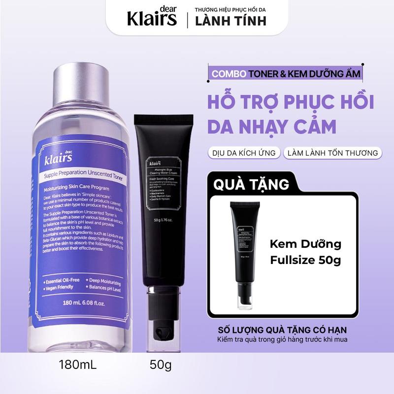 Combo Nước hoa hồng Dear, Klairs Supple Preparation Unscented Toner 180ml+ Kem…