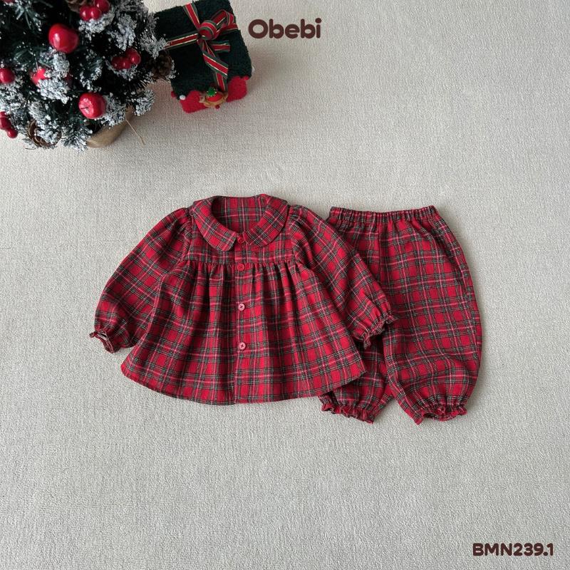  BMN239.1 Bộ Mặc Nhà Pijama Họa Tiết Kẻ Thời Trang Thu Đông Cho Bé Gái Obebi 