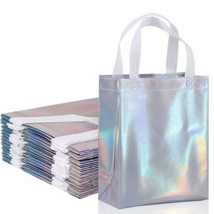 Bolsas de regalo holográficas arcoíris con asa, bolsas reutilizables para regalos medianos de fiesta y cumpleaños, paquete de 10, 8 x 4 x 10 pulgadas