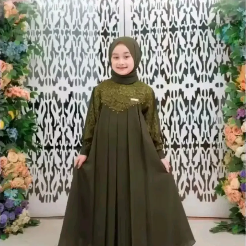 Gaun trendy 2024 - Gaun Inara satu set sama Jilbab - couple Ibu Dan Anak 3-12 Tahun - Cryncle Mix kombinasi Brookat Lebaran Gamis Muslim 4
