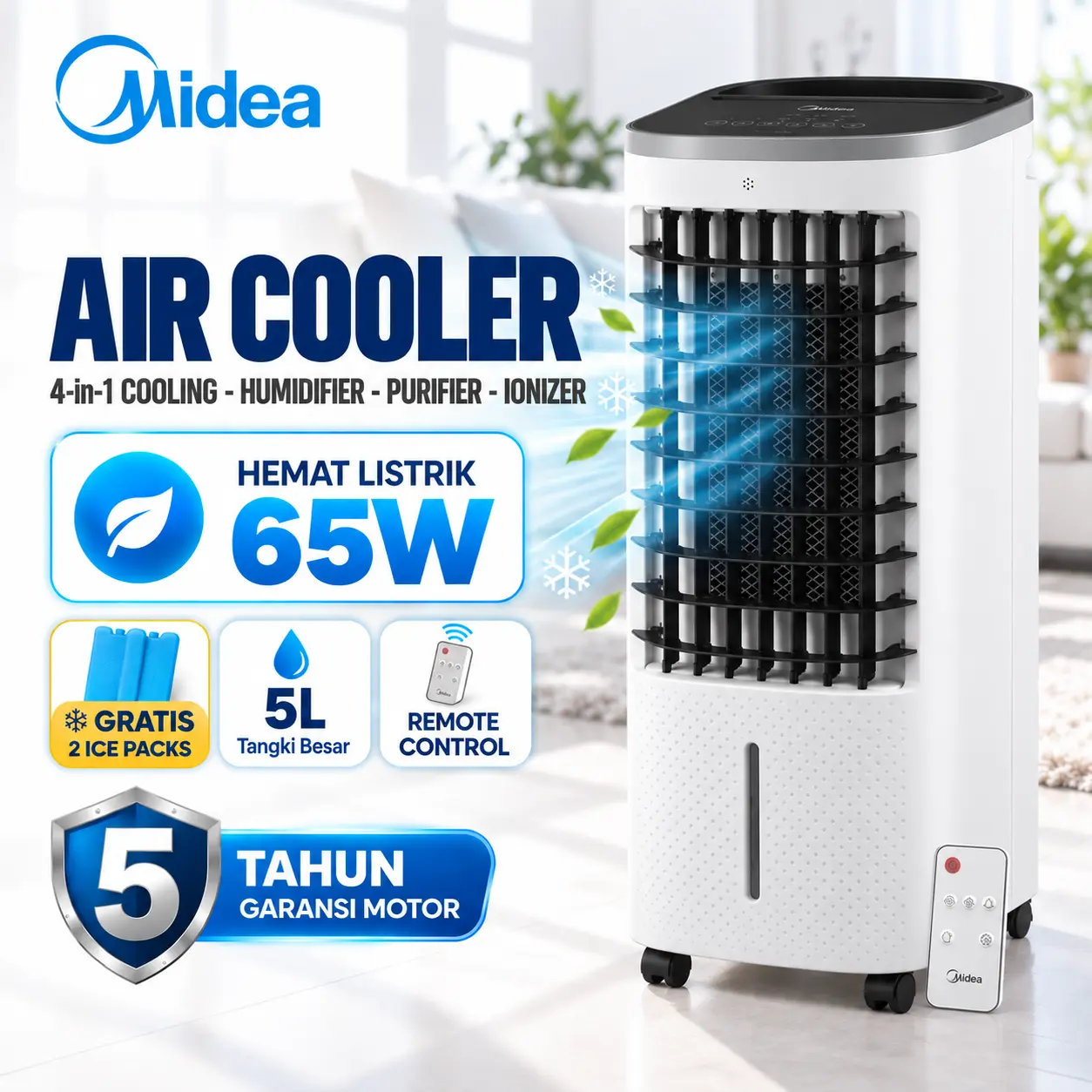 Midea Air Cooler 5 Liter 65W Remote Control 4-in-1 Low Watt Design Portable AC100-25BR