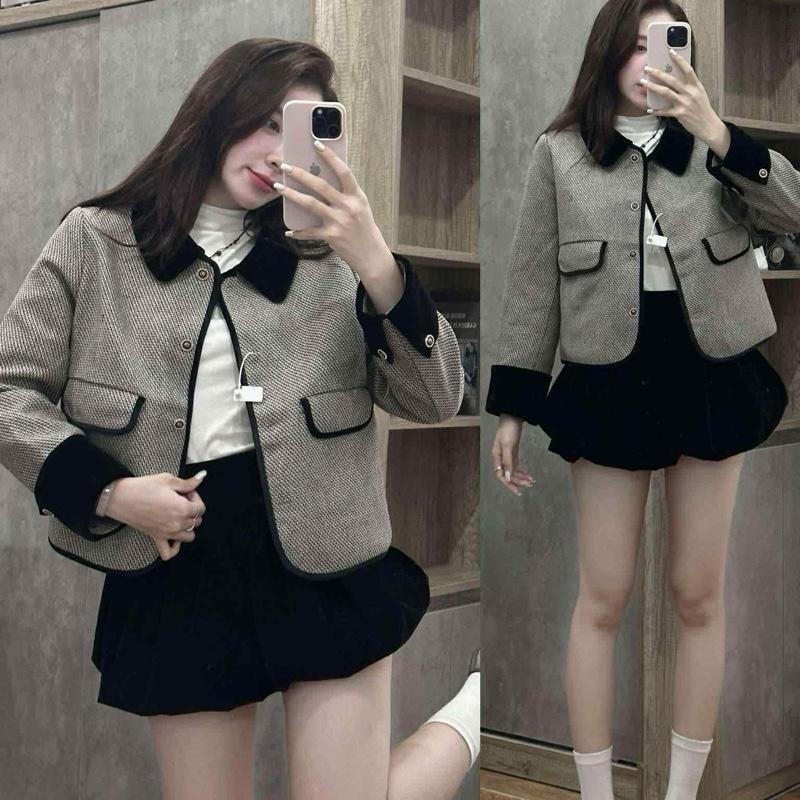 Áo khoác dạ tweed cổ bẻ xám phối tay nhung cúc kim loại quảng châu cao cấp 3 lớp túi giả