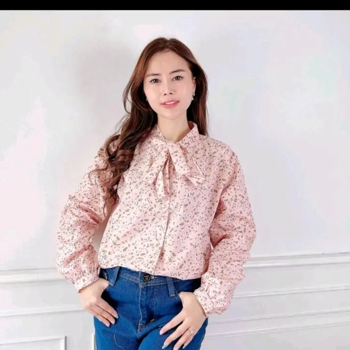 YOONHEE KEMEJA WANITA LEHER TALI WARNA DUSTY PINK LUCU WARNA KALEM Baju Panjang Shakila Atasan 4