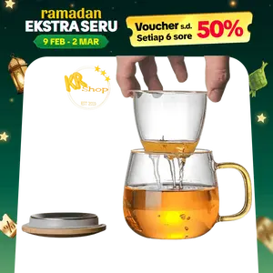 Gelas Saring Teh Herbal Kaca Cangkir Teh Tea Cup Mug with Infuser Filter Tutup Kayu Buah