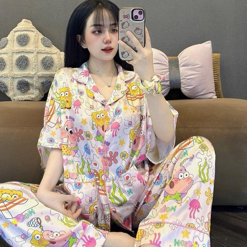  HL35  4size 40-95 kg  BỘ PIJAMA NỮ ÁO CÁNH DƠI QUẦN DÀI PHỐI CỔ BẺ KÈM CỘT TÓC-Form rộng 