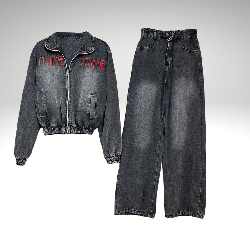  Sét Jean B180 Áo Khoá kéo Quần Suông Thêu Chữ Xinh Thời Trang Bộ Nữ Chất Liệu Jean Mềm 