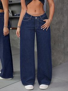 Jeans wide leg mujer Mezclilla Vaqueros para Mujer Corte Ancho Azul Oscuro Cintura Alta Elástica Lavado Claro Algodón Casual Primavera Otoño Unicolor Vaqueras mujer outfit