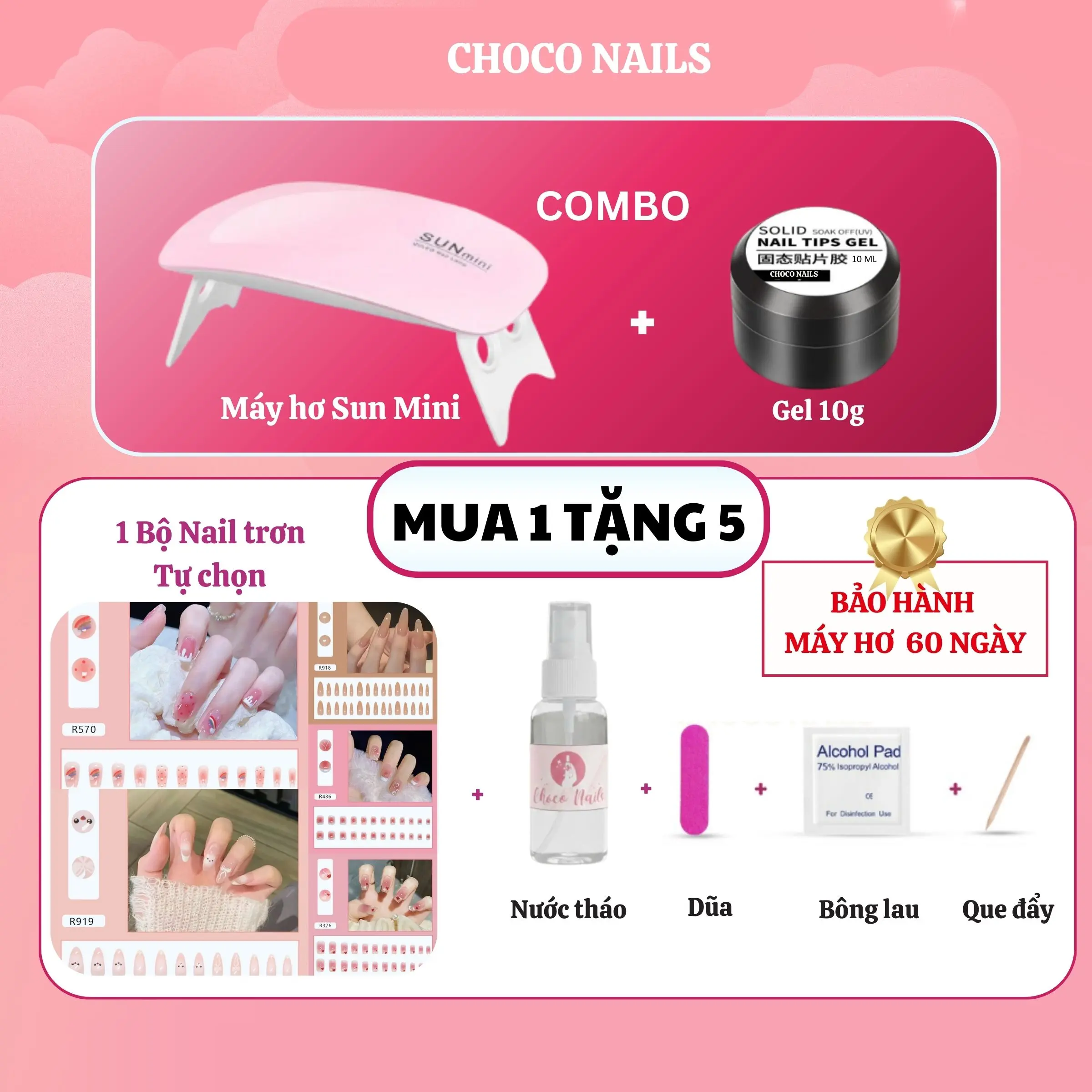 [Siêu quà tặng] COMBO Máy Hơ Sun Mini Kèm Gel Làm Nail Tại Nhà Hơ Màu Thạch Và Tặng Nước Tháo Móng Kèm Phụ Kiện Choco Nails Máy Hơ Nail