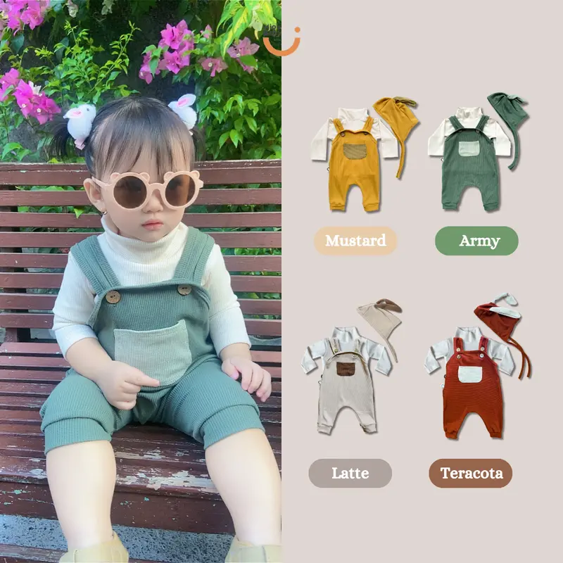 Mioubaby Overall Pocket Top Turtleneck Broken White / overall bayi / jumper bayi / jumpsuit bayi / playsuit bayi / romper anak / hadiah lahiran / baju anak perempuan / baju anak / waffle knit / baju anak / jumper anak / jumper bayi / jumpsuit bayi Newborn 0