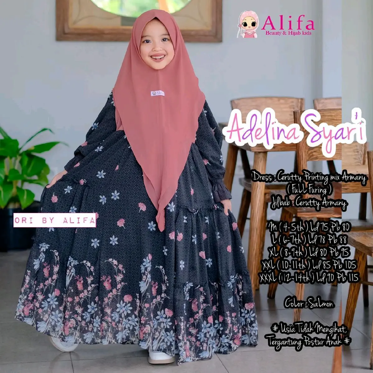 Adelina syar'i dress kids best seller bahan Ceruti printing mix armany jilbab armany merk Alifa