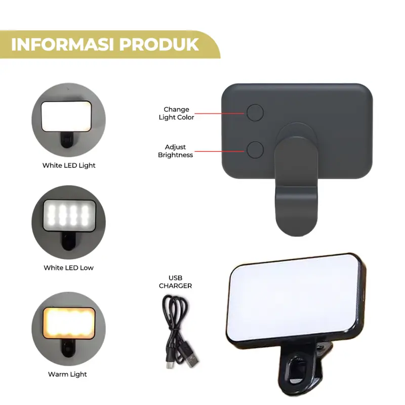 PL4 Lighting Konten 3 Warna Portable LED Light untuk Selfie dan Fotografi Lampu Saku Kecantikan Lampu Jepit Selfie Portable Mini Fill Light Live Streaming Video Call Universal 8