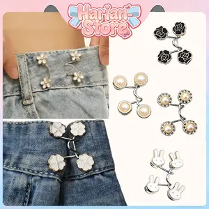 (Harian-Store)Kancing Pengecil H771 Jeans Lingkar Pinggang Adjustable Unisex 1 Set Isi 4 Motif Daisy Simple Praktis