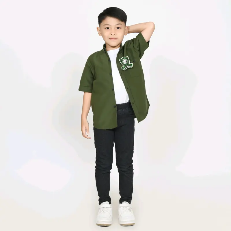 Army Kemeja Polos Couple Ayah dan Anak Lengan Pendek Kemeja Pria Dewasa Dan Anak Laki Laki Warna HIJAU ARMY Fashion Baju Katun Panjang Santai Navy Hitam Keluarga Putih 8