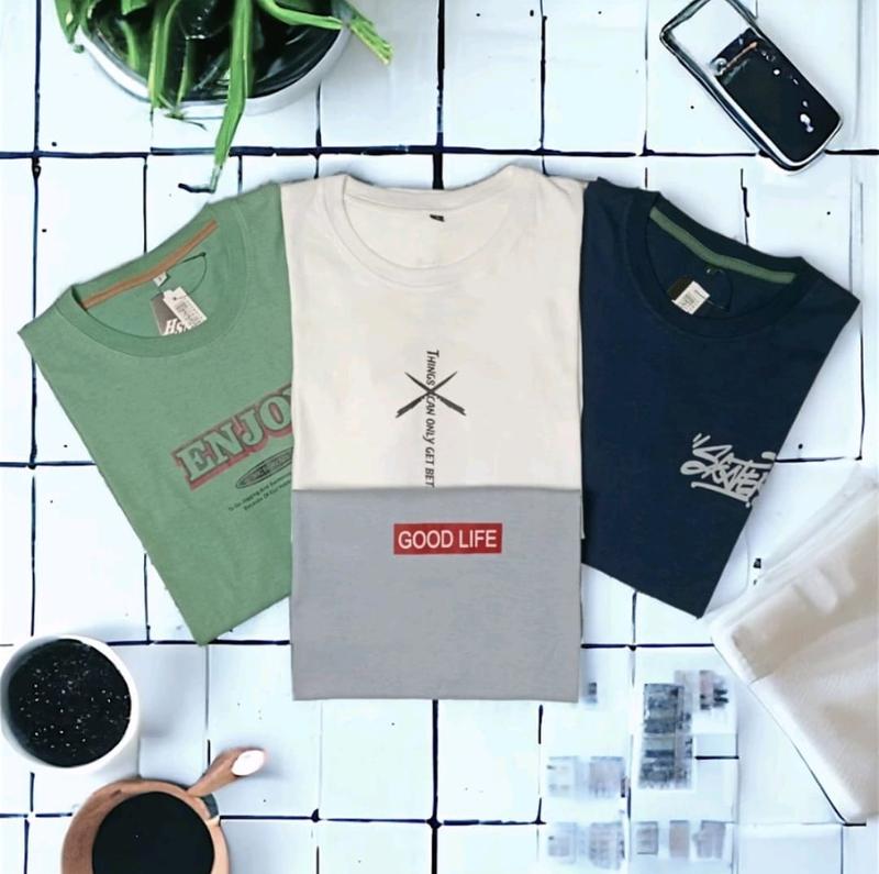 kaos pria wanita 3 pcs 80 Ribu distro model terbaru ukuran m l xl jumbo motif simple bahan semi Katun Tebal Baju Dewasa 6