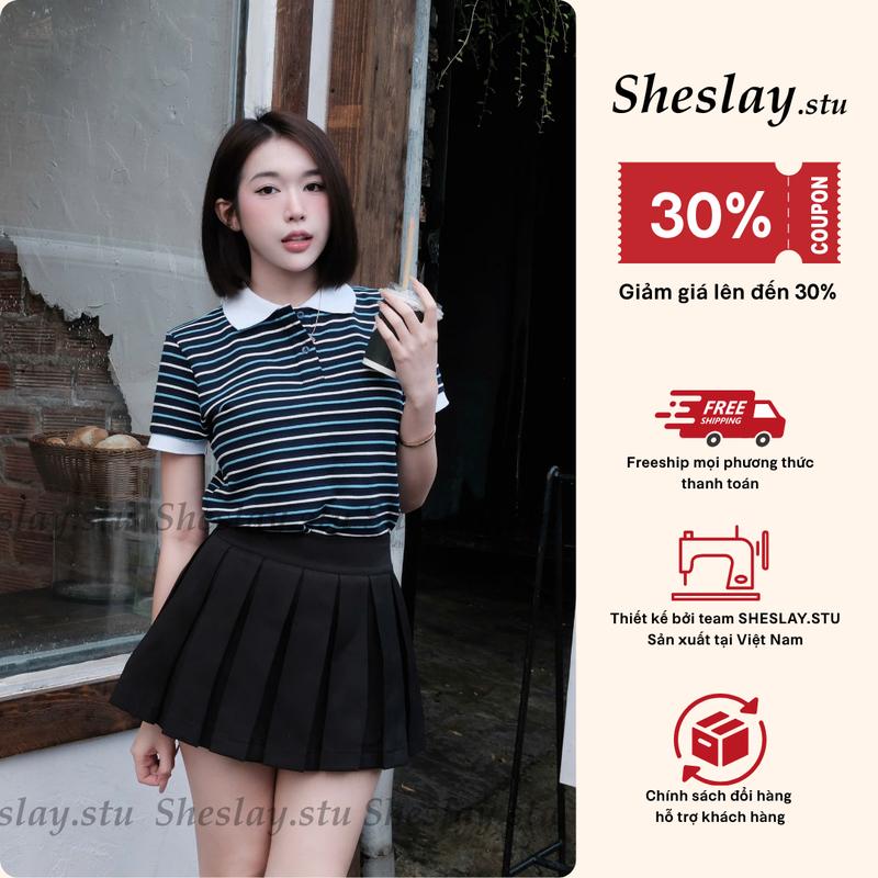 POLO LINE - Áo Polo Nữ Họa Tiết Sọc SHE SLAY. Chuẩn Style Hàn Quốc, Trẻ Trung, Vải Cotton Mềm Mịn. Có Size Đến 63kg