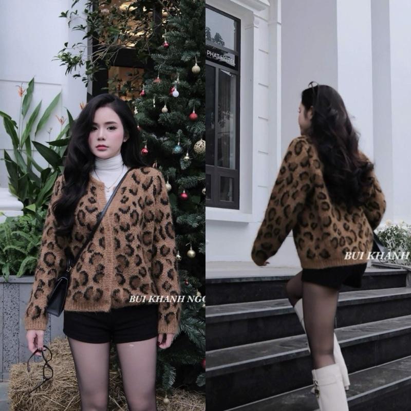 Sẵn ÁO LEN CÀI CUCD LÔNG THỎ BEO CÁ TÍNH SANG FREESIZE TAY DÀI CỔ TRÒN hot cardigan