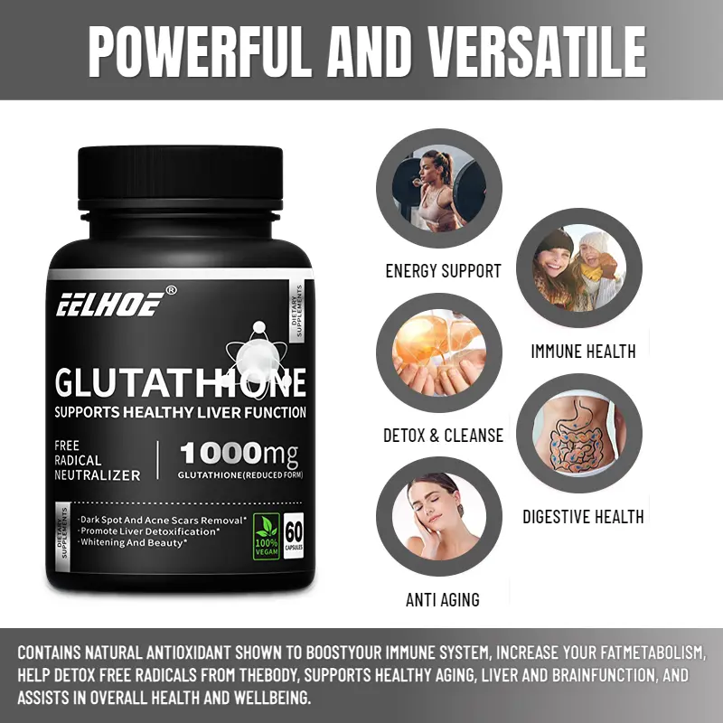 Suplemen Glutathione 1000mg, 60 Kapsul Vegetarian, 5 Kali Efektif Memutihkan, Anti Penuaan, Menghilangkan Bintik, Perlindungan Hati, Detoksifikasi, Non-Transgenik 4