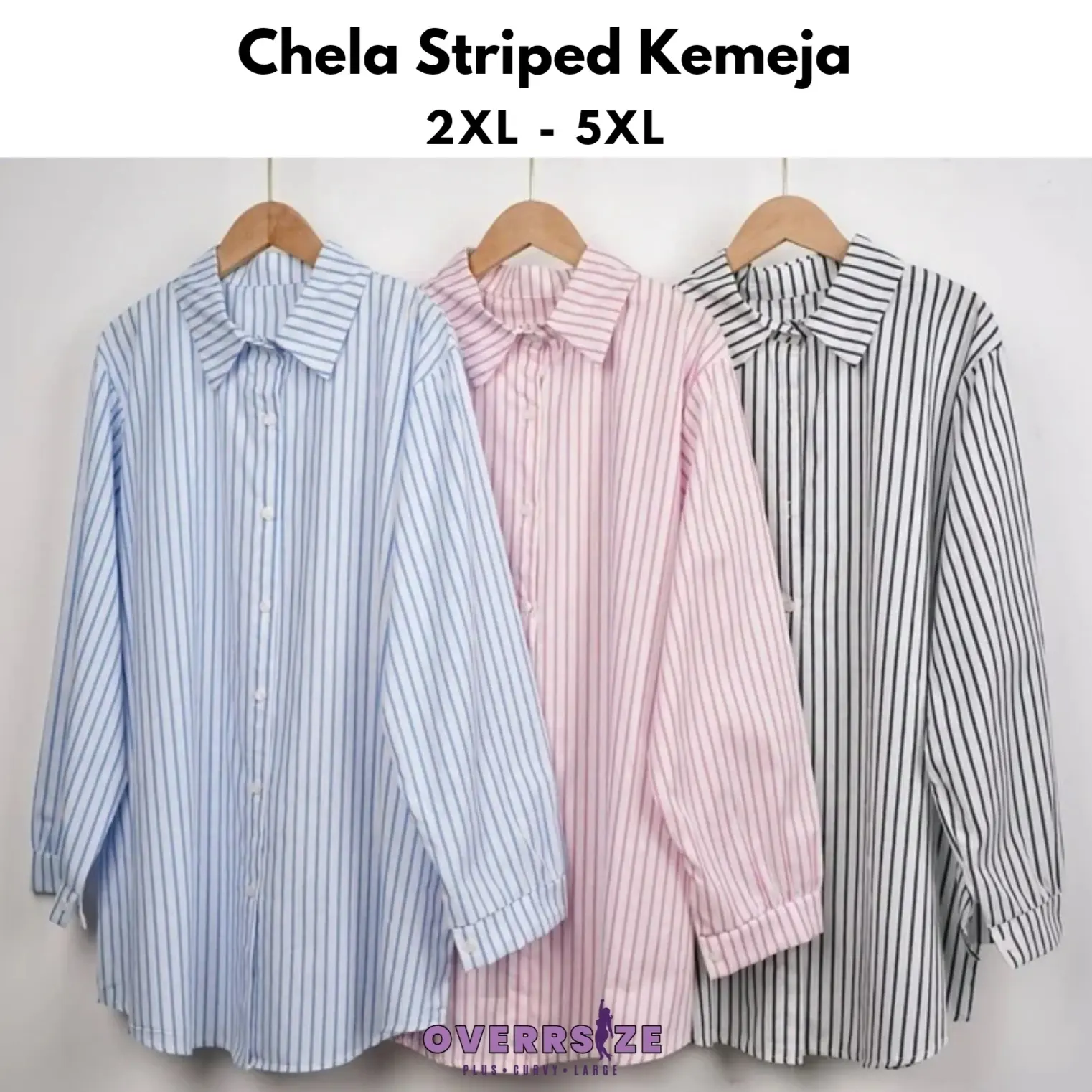 OVERRSIZE XL(42/44)-5XL(58/60) Plus Size Chela Striped Woman Muslimah Baju Kemeja Perempuan Blouse Jalur Long Sleeve Black Blue Button Cotton Fabric Pink Wanita top 5xl baju & blaus kain selesa floral ironless work wear s style