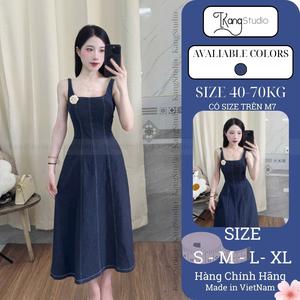 [GIÁ MỞ BÁN] KangStudio - [K003] Váy Jean 2 Dây Dài Viền Chỉ Nổi Trắng Cổ U Dáng A [KÈM HOA TRÀ] - Phù Hợp Mọi Dịp Made in Vietnam