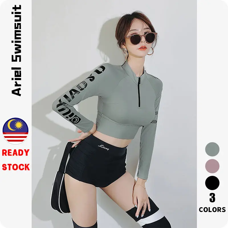 『Ariel』Ready stock Long sleeve Two-piece Swimsuit Woman Beachwear Conservative New Swimming suit Woman Sports Surfing suit Short pants Sunscreen Delivery within 48 hours swimwear Women Outdoor