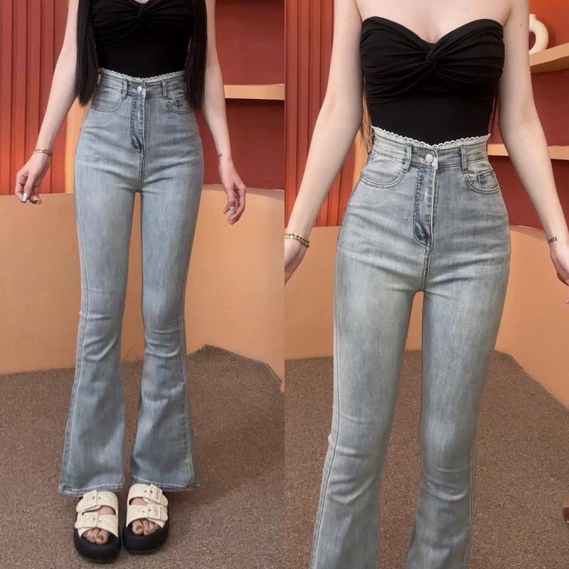 [ ZINLY SHOP ] Quần Jean Nữ Ống Loe Fom Ngắn 95Cm Và Dài 105Cm Phối Ren Lưng Vải Co Giản Dẽo Dai Mềm Mát Q412