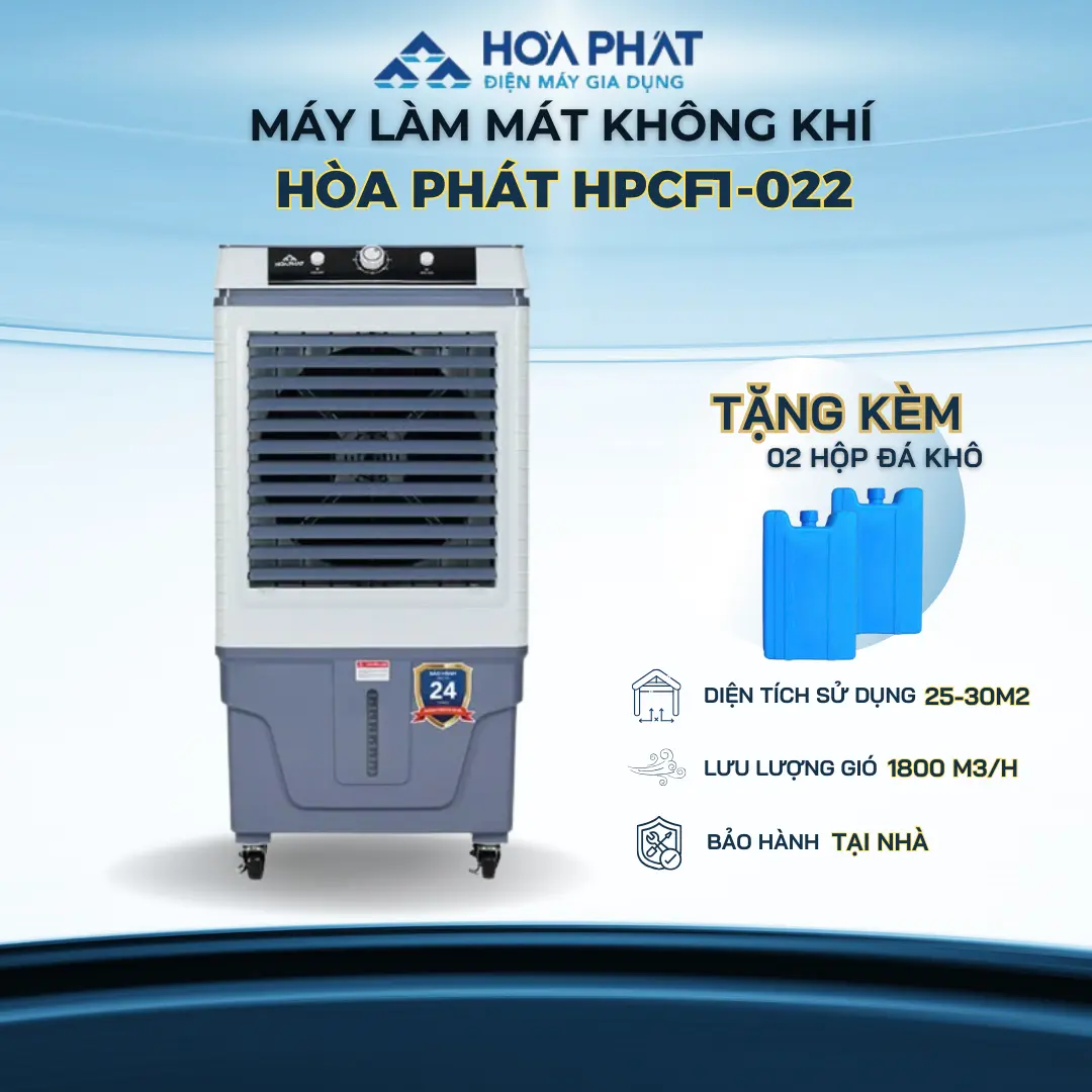 [Tặng 02 hộp đá khô] Máy làm mát không khí Hòa Phát HPCF1-022, Dùng phòng 25-30m², 1800m3/h, Bình chứa 35L,  Bảo hành chính hãng